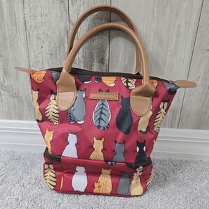 Insulated Lunch Bag Top Handle Purse Cat Lovers Red All Over Animal Print Playfu